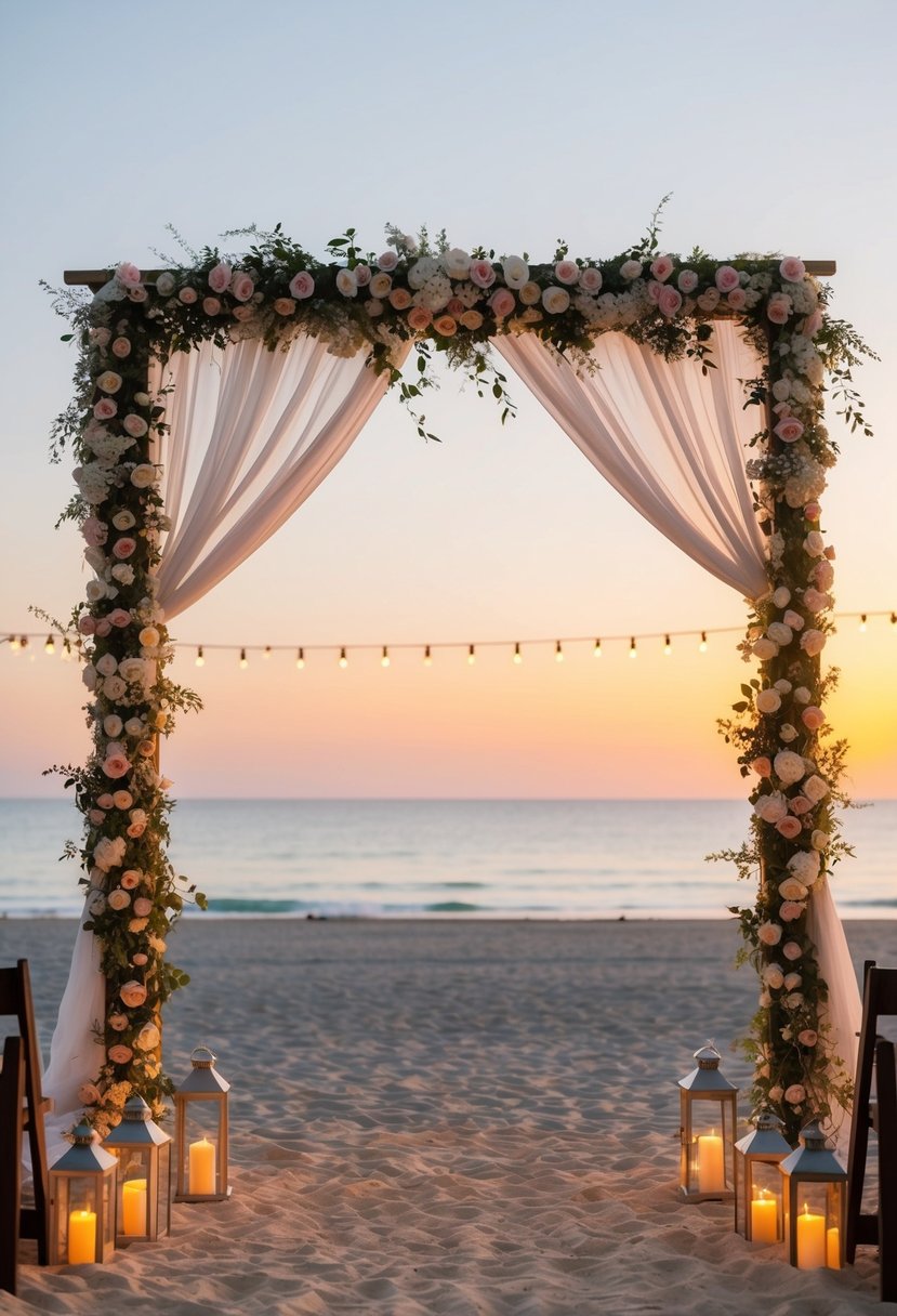 A serene beach at sunset, with an archway adorned with flowers and billowing fabric, surrounded by twinkling lights and lanterns