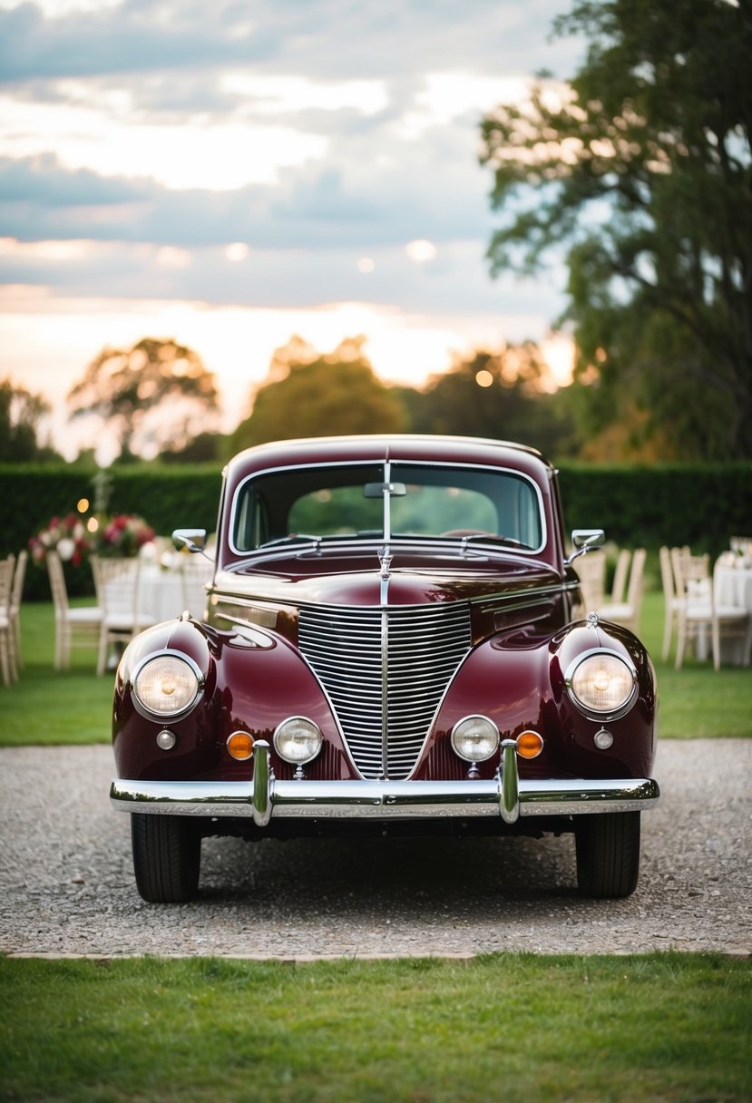 A burgundy vintage getaway car parked at a romantic wedding venue