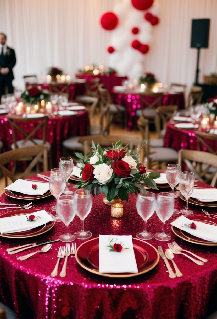 A table set with ruby sequin linens and red accents for a wedding celebration