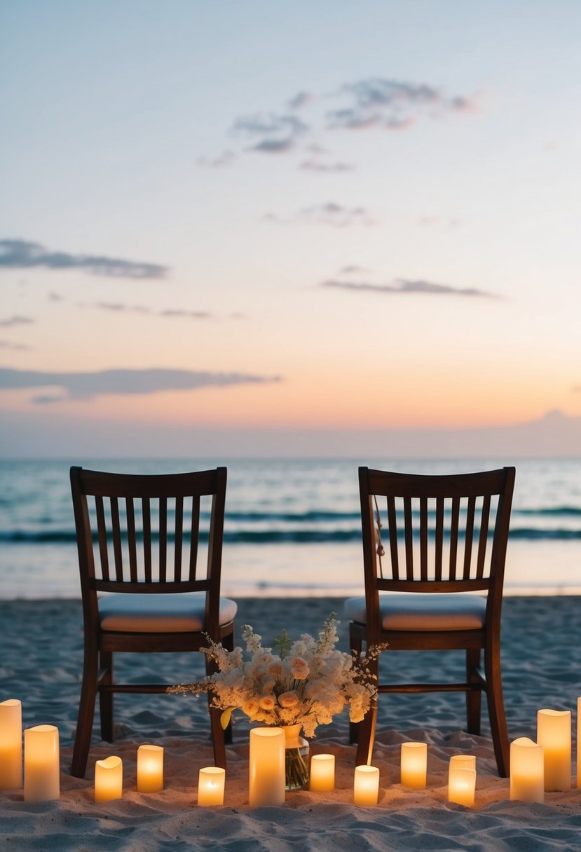 A serene beach at sunset with two chairs facing each other, surrounded by soft candlelight and delicate floral arrangements