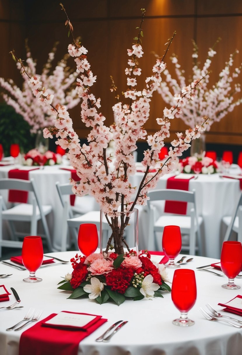 A table adorned with cherry blossom centerpieces and red accents for a wedding celebration