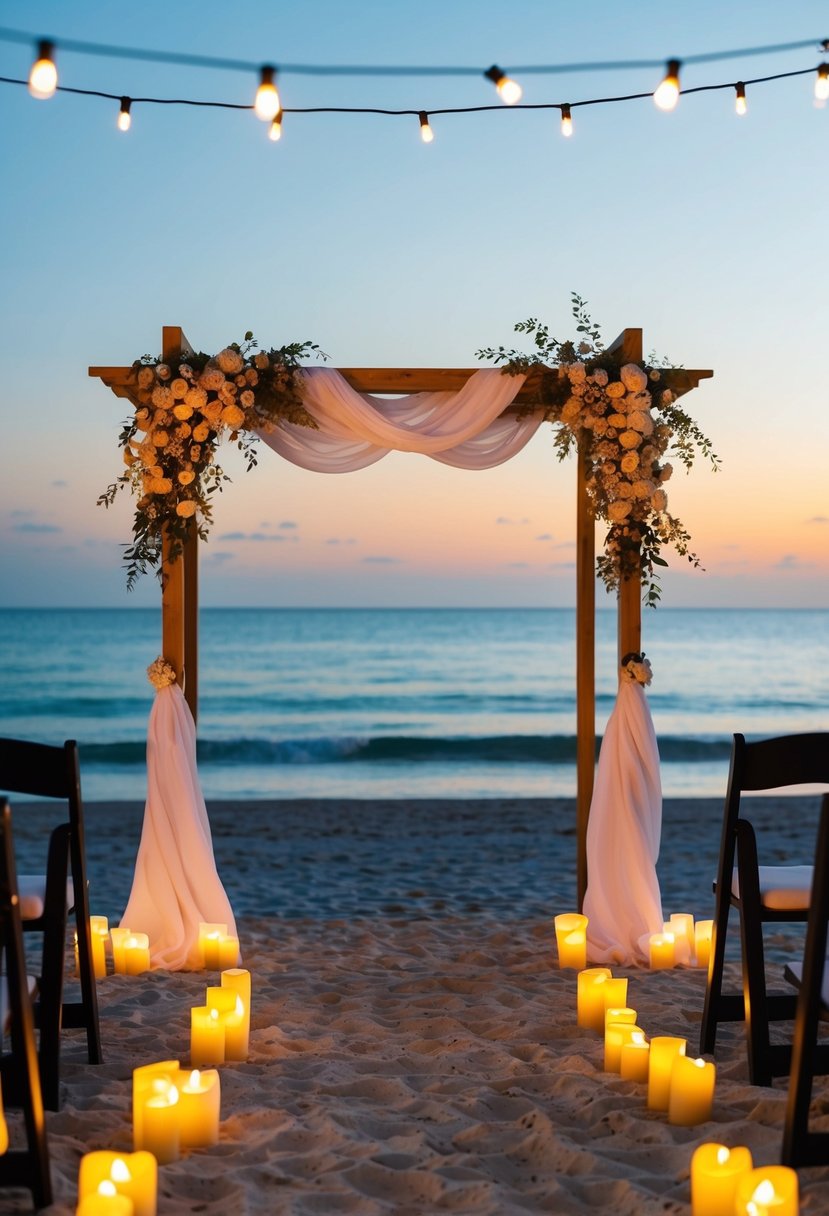 A serene beach at sunset with an arbor adorned with flowers and billowing white fabric, surrounded by flickering candles and soft string lights