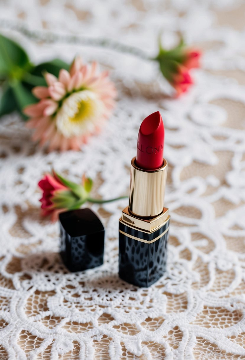 A vibrant alizarin red lipstick on a white lace background with delicate floral accents