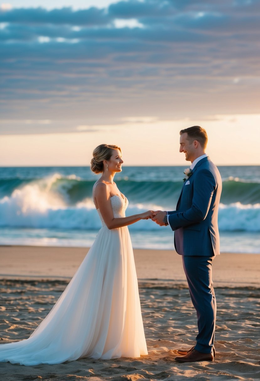 A couple standing on a beach at sunset, exchanging heartfelt vows with the ocean waves crashing in the background