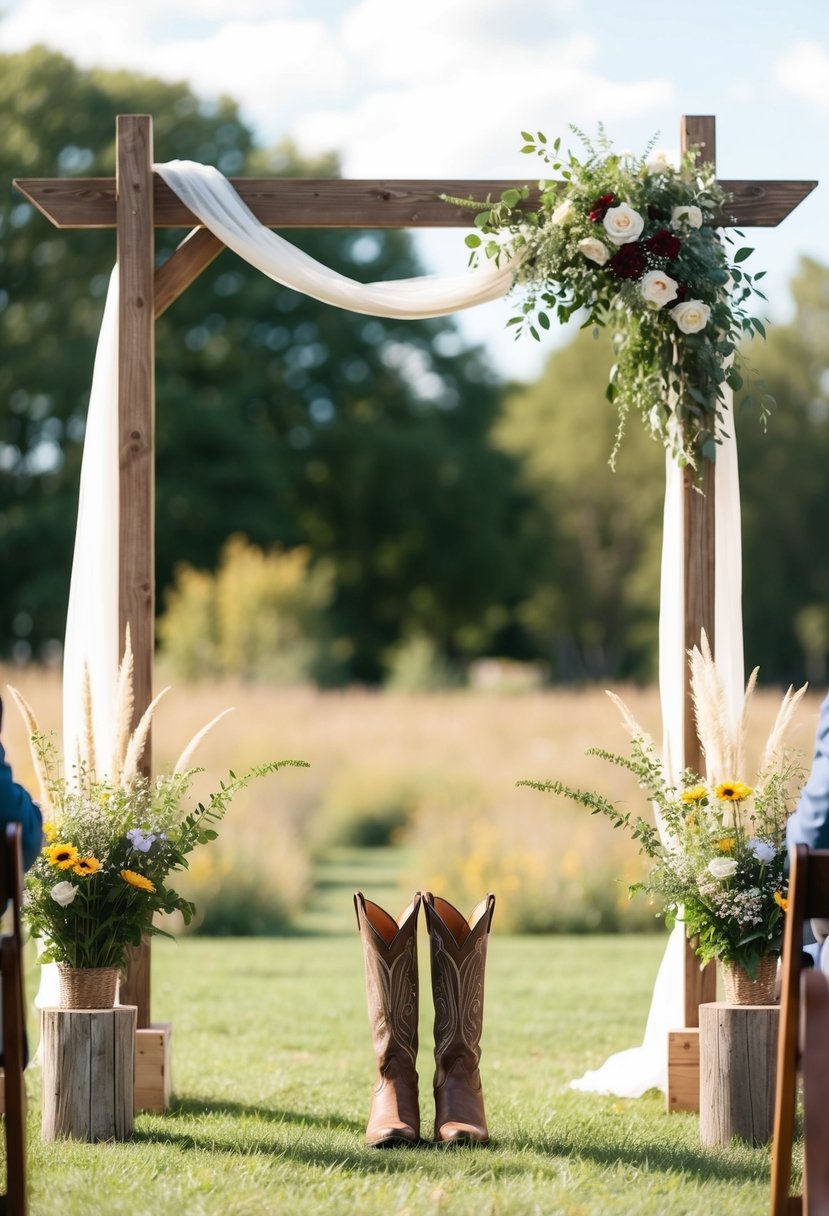 A rustic outdoor wedding ceremony with a wooden arch, wildflowers, and cowboy boots