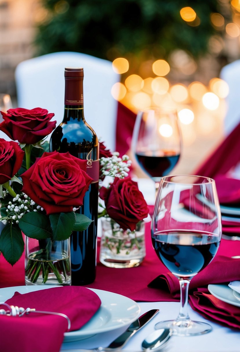 A table set with claret wine, red roses, and crimson linens for a wedding celebration