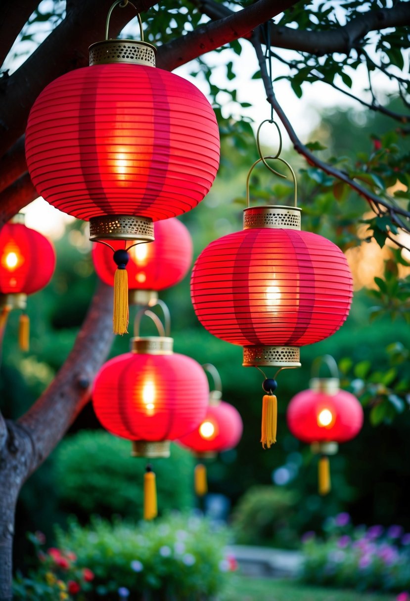 Brick red lanterns hanging from trees in a romantic garden setting