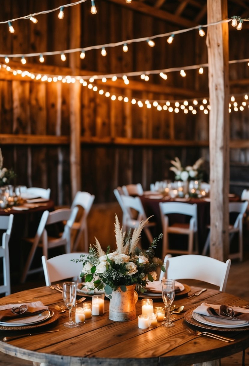 A rustic barn wedding setup with western decor and string lights