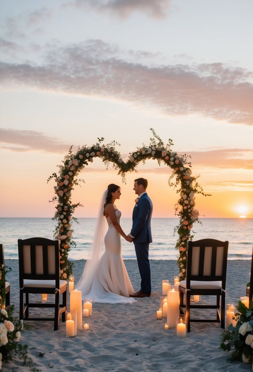 A serene beach at sunset with two chairs facing the ocean, surrounded by candles and flowers. A heart-shaped archway frames the couple as they exchange vows