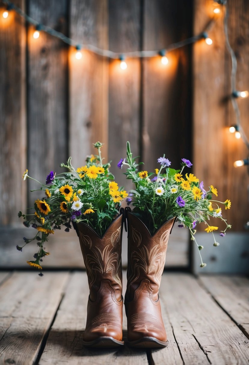 A pair of cowboy boots with wildflowers spilling out, set against a backdrop of rustic barn wood and twinkling string lights