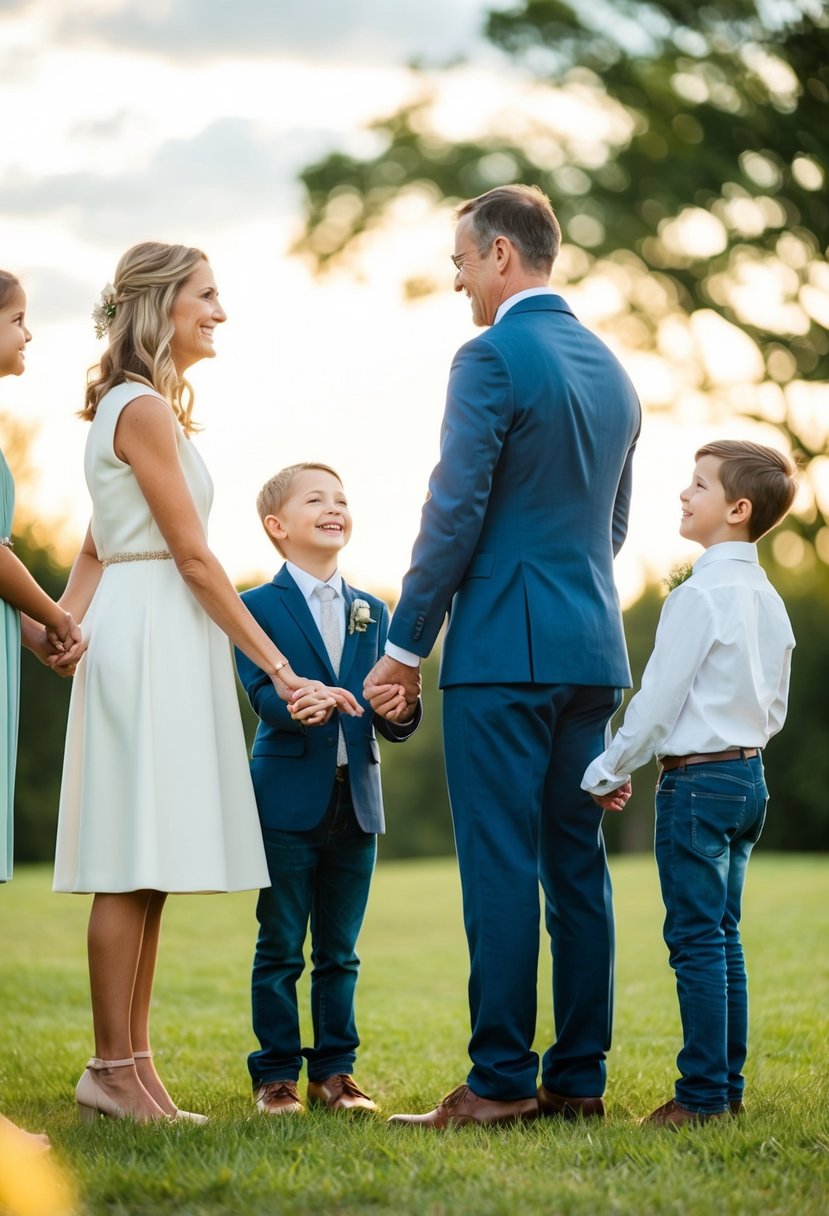 A family of four stands in a circle, holding hands, with the parents facing each other, exchanging vows. The children are smiling and looking on with joy