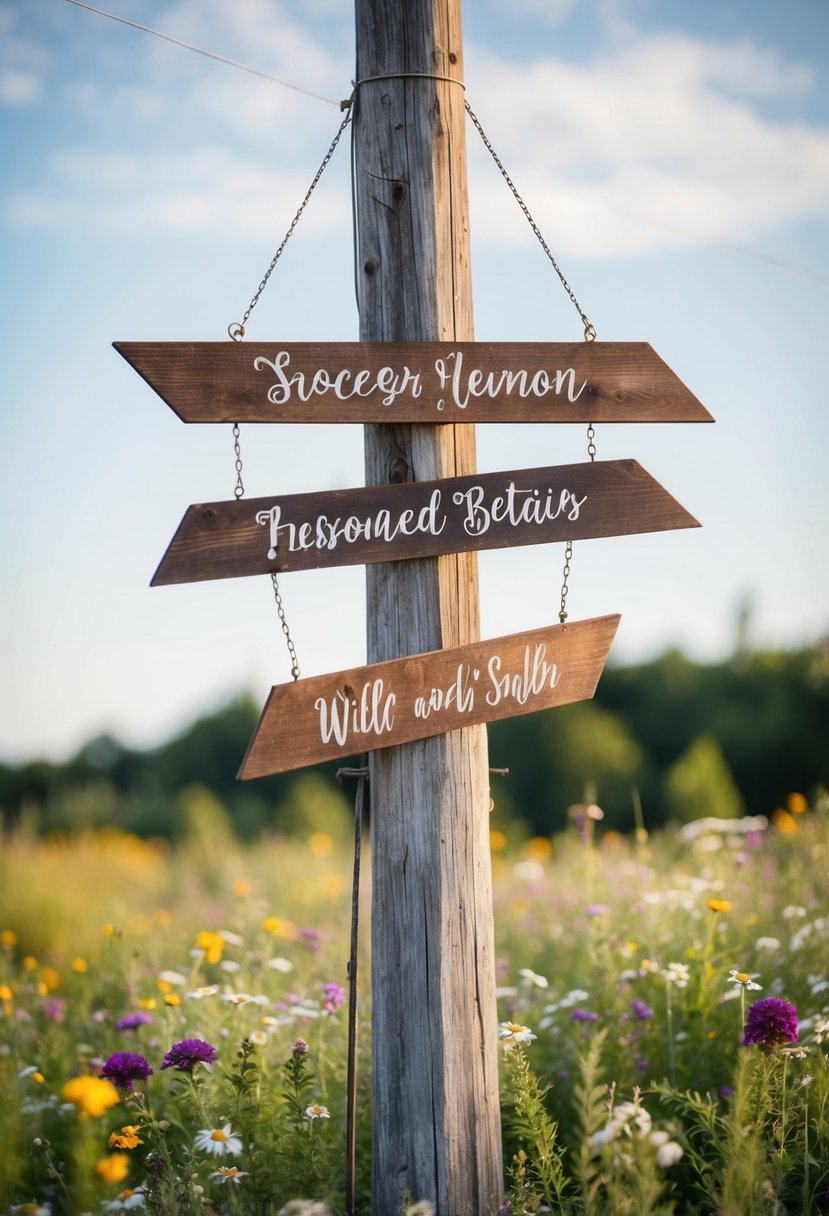 A rustic wooden sign hangs from a weathered post, adorned with personalized details and surrounded by wildflowers