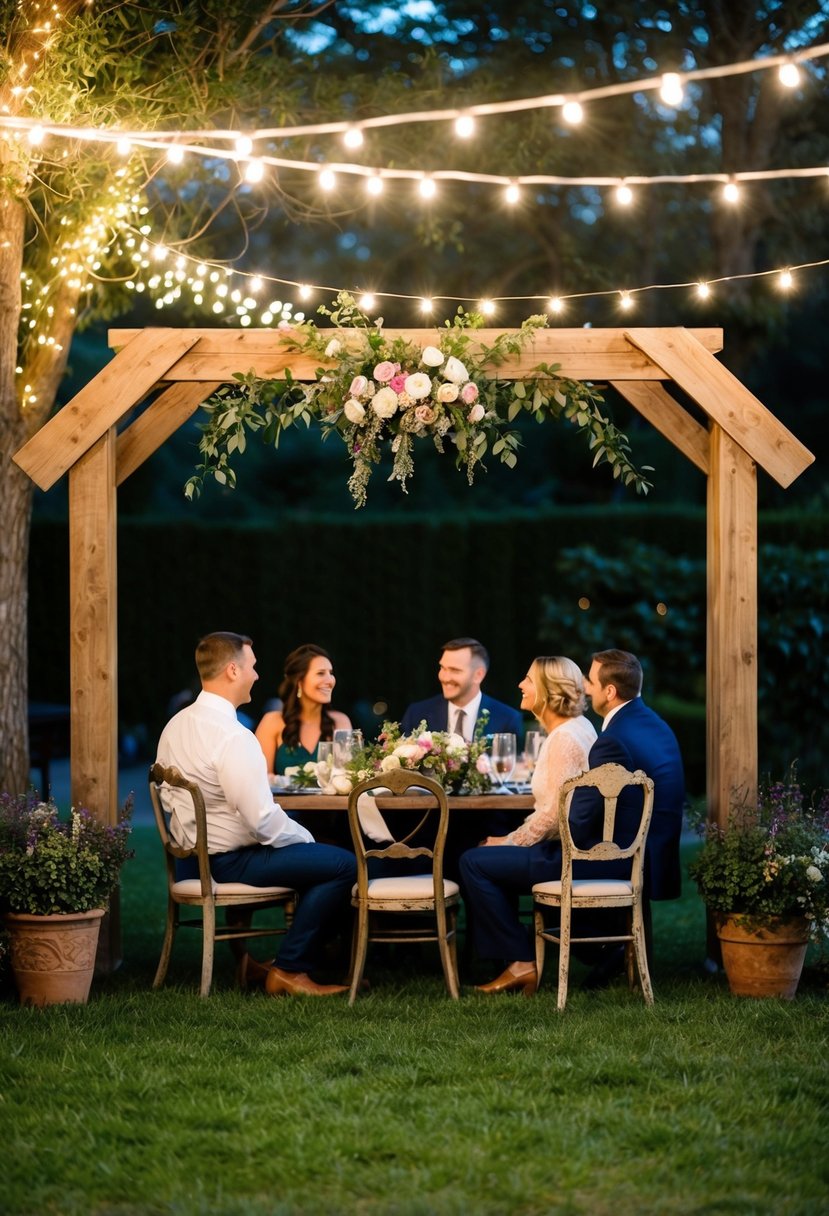 A cozy backyard with twinkling lights, a rustic wooden arch adorned with flowers, and a small gathering of loved ones seated on vintage chairs