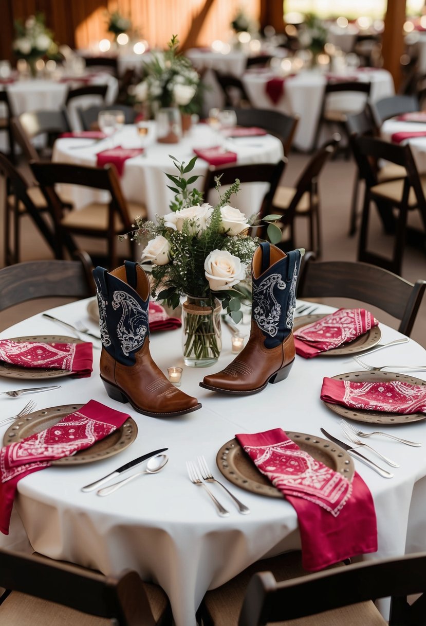 Tables set with bandana napkins, cowboy boots centerpieces, and horseshoe decor for a western-themed wedding