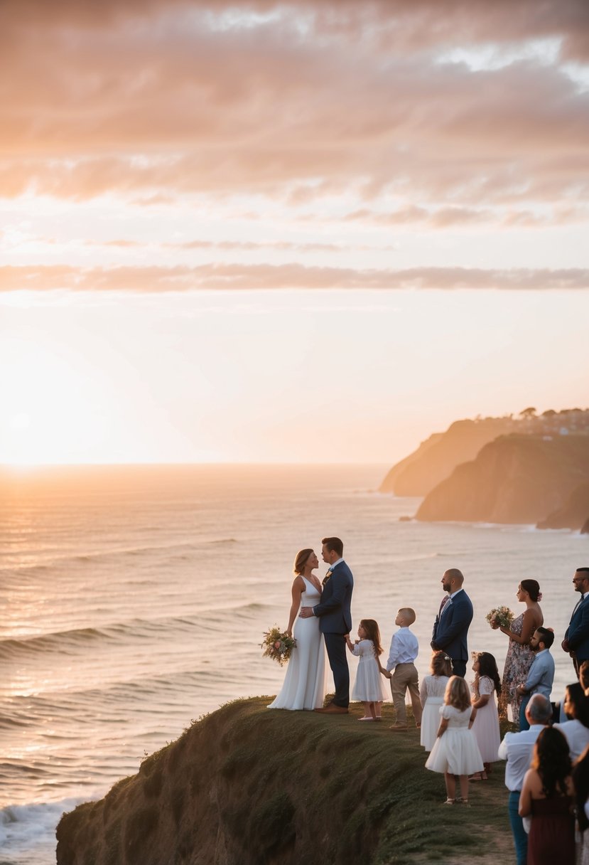 A couple stands on a cliff overlooking the ocean, with a small, intimate gathering of loved ones. The sun sets behind them, casting a warm, golden glow over the scene