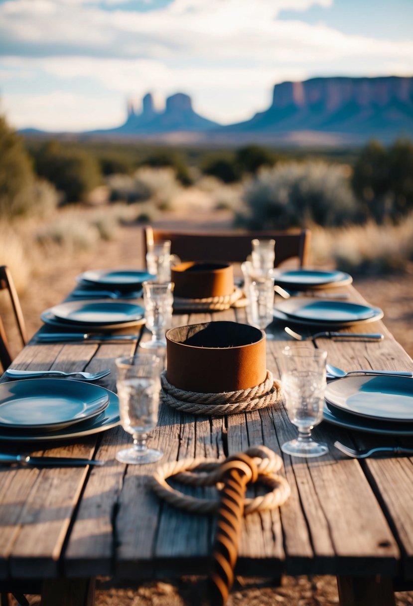 A rustic wooden table adorned with leather and rope centerpieces, set against a backdrop of a western landscape