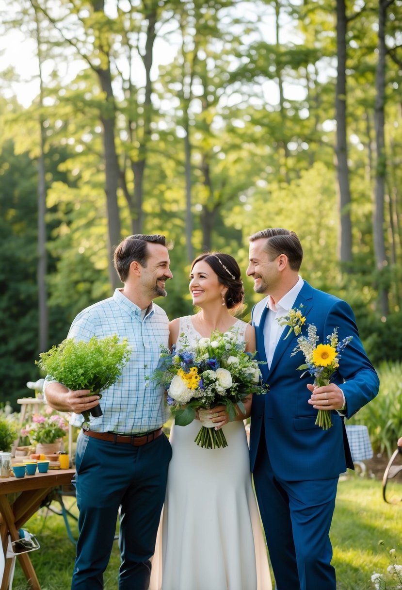 A couple surrounded by their favorite hobbies: gardening, painting, and hiking, at their wedding vow renewal ceremony