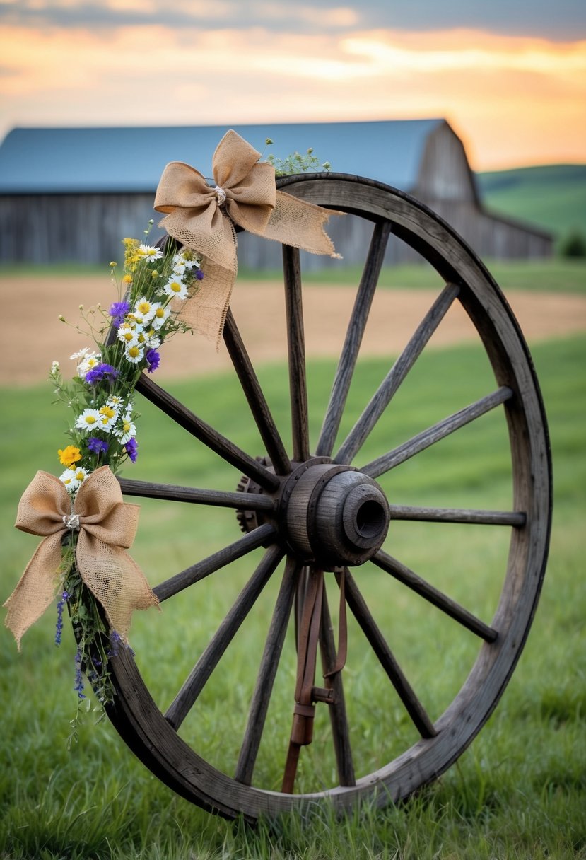 A rustic wooden wagon wheel adorned with wildflowers and burlap bows, set against a backdrop of a barn and rolling hills