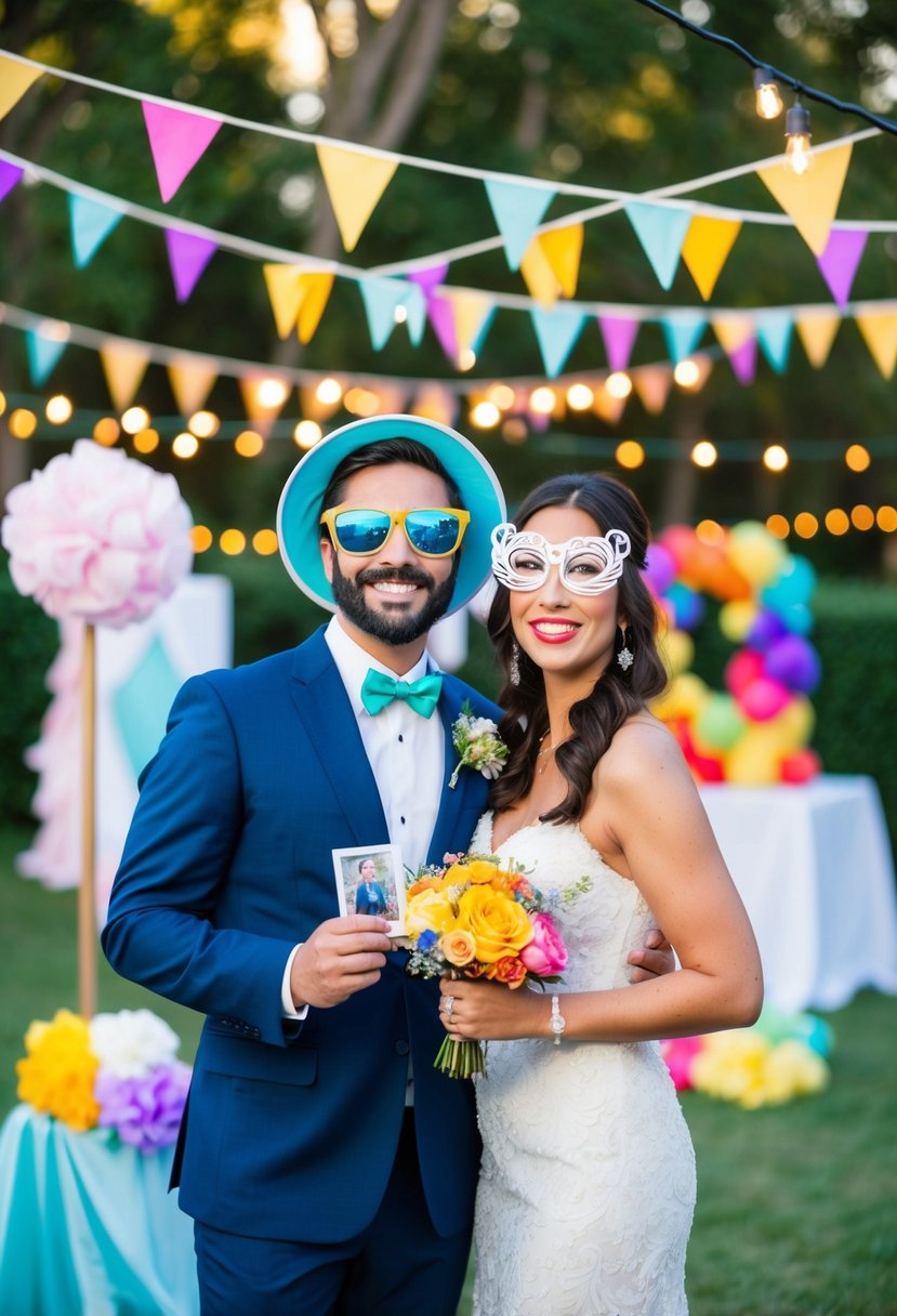 A festive outdoor wedding vow renewal with colorful decorations, string lights, and a themed photo booth