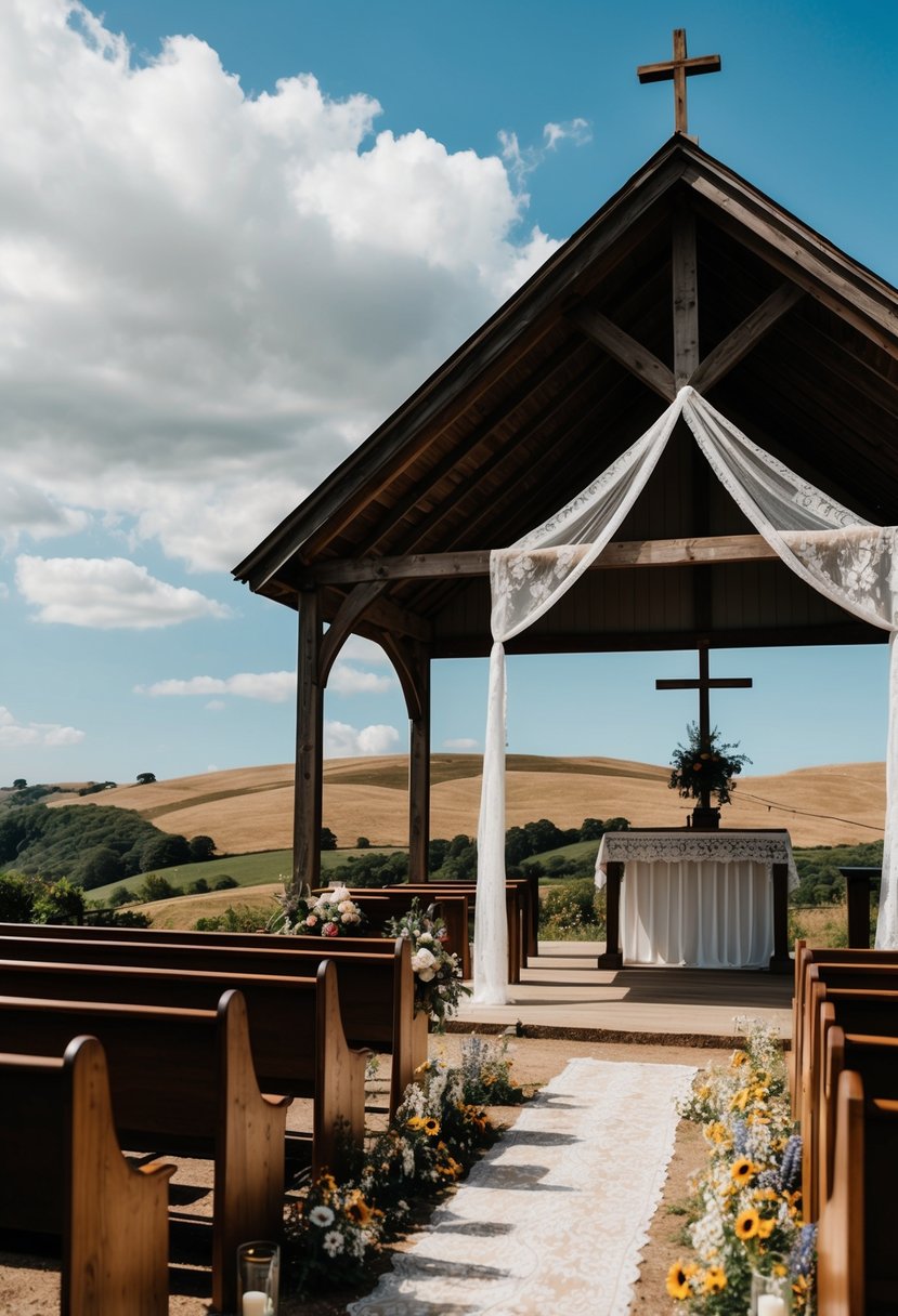 An open-air chapel with wooden pews and a rustic altar, adorned with wildflowers and draped with lace, set against a backdrop of rolling hills and a big blue sky