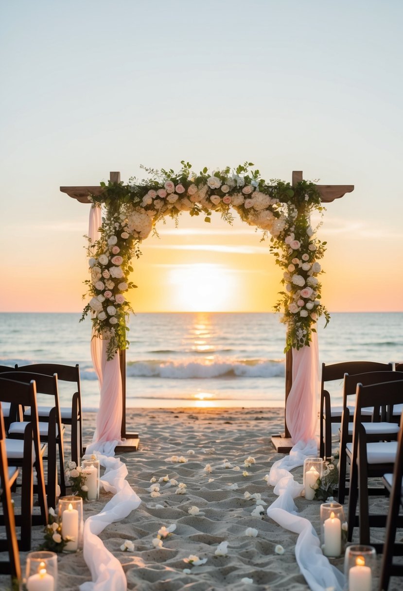 A beachfront ceremony with a floral arch, flowing fabric, and scattered petals on the sand. The setting sun casts a warm glow over the ocean