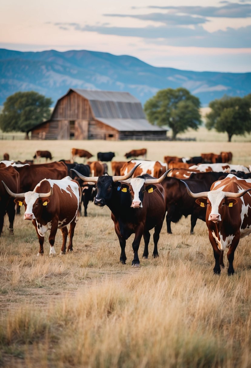 A herd of longhorn cattle graze in the open prairie, with a rustic barn and mountains in the background, setting the scene for a western wedding