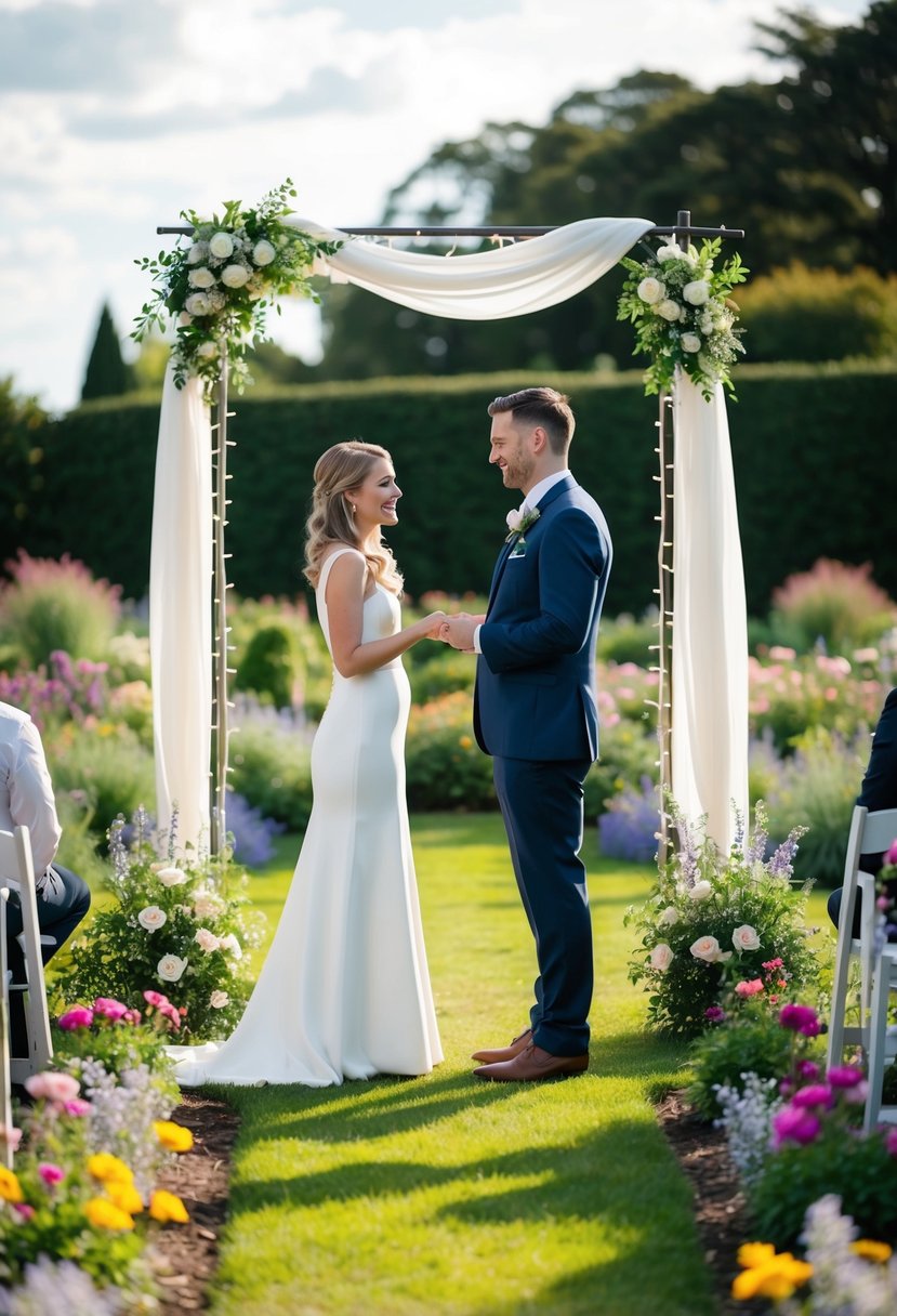 A couple standing in a garden surrounded by flowers, exchanging vows under an archway adorned with white fabric and twinkling lights