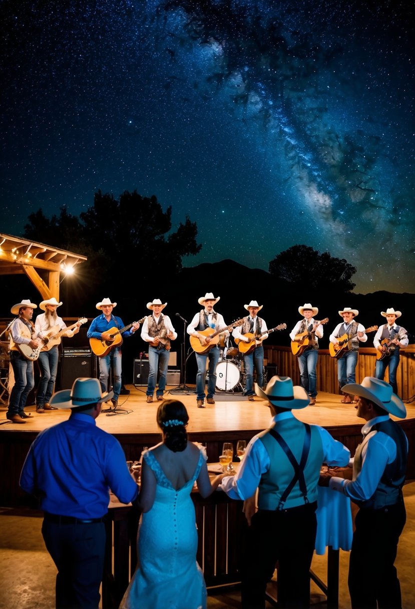 A lively country band performs on a stage at a western-themed wedding, with guests dancing and enjoying the music under a starry night sky