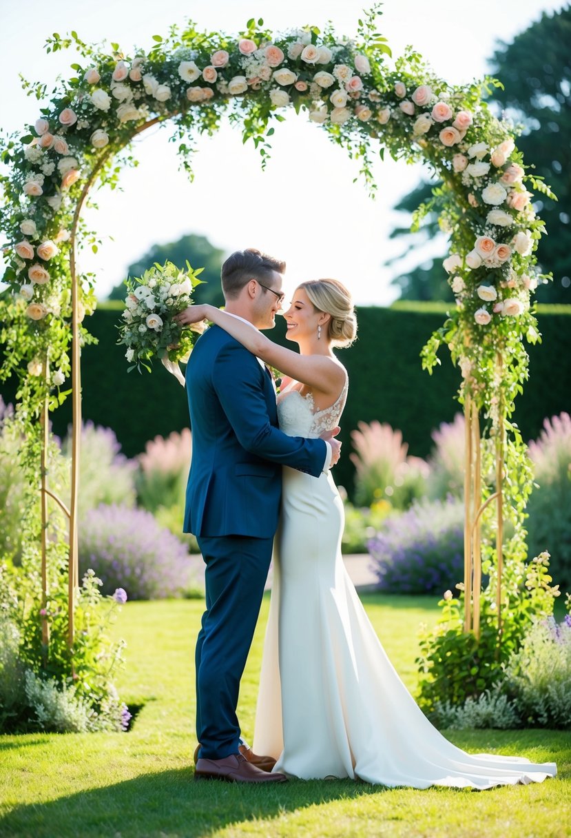 A couple stands in a sunlit garden, exchanging vows beneath a floral archway. The photographer captures their embrace as they renew their commitment