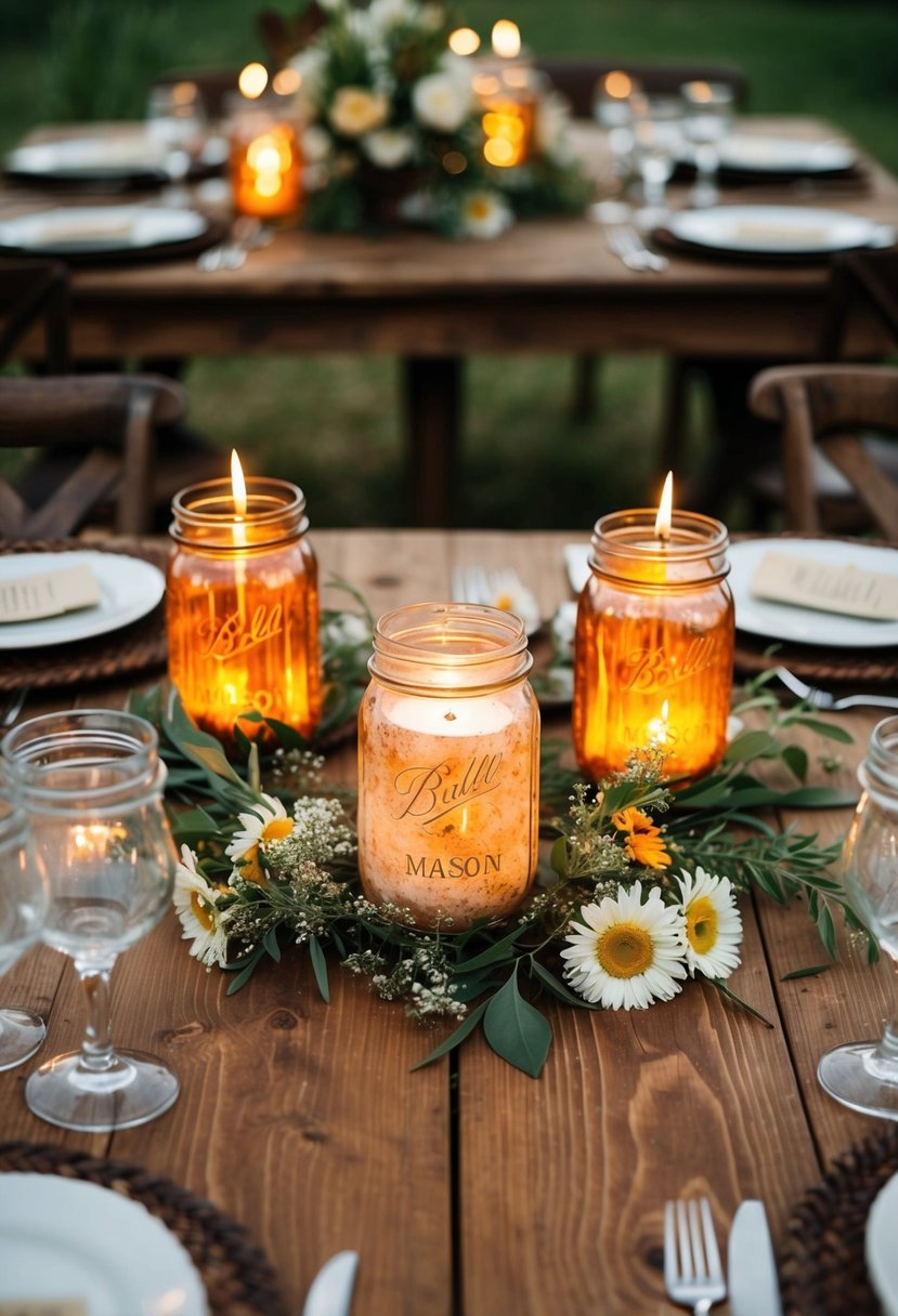 Rustic mason jar candle holders adorn wooden tables at a western-themed wedding, surrounded by cowboy boots and wildflowers