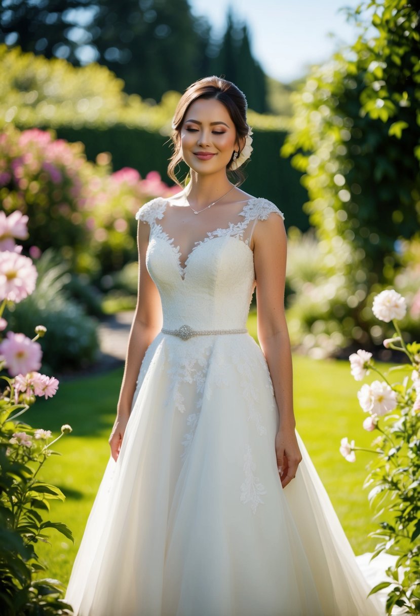 A woman in her original wedding dress, standing in a sunlit garden surrounded by blooming flowers, with a serene smile on her face