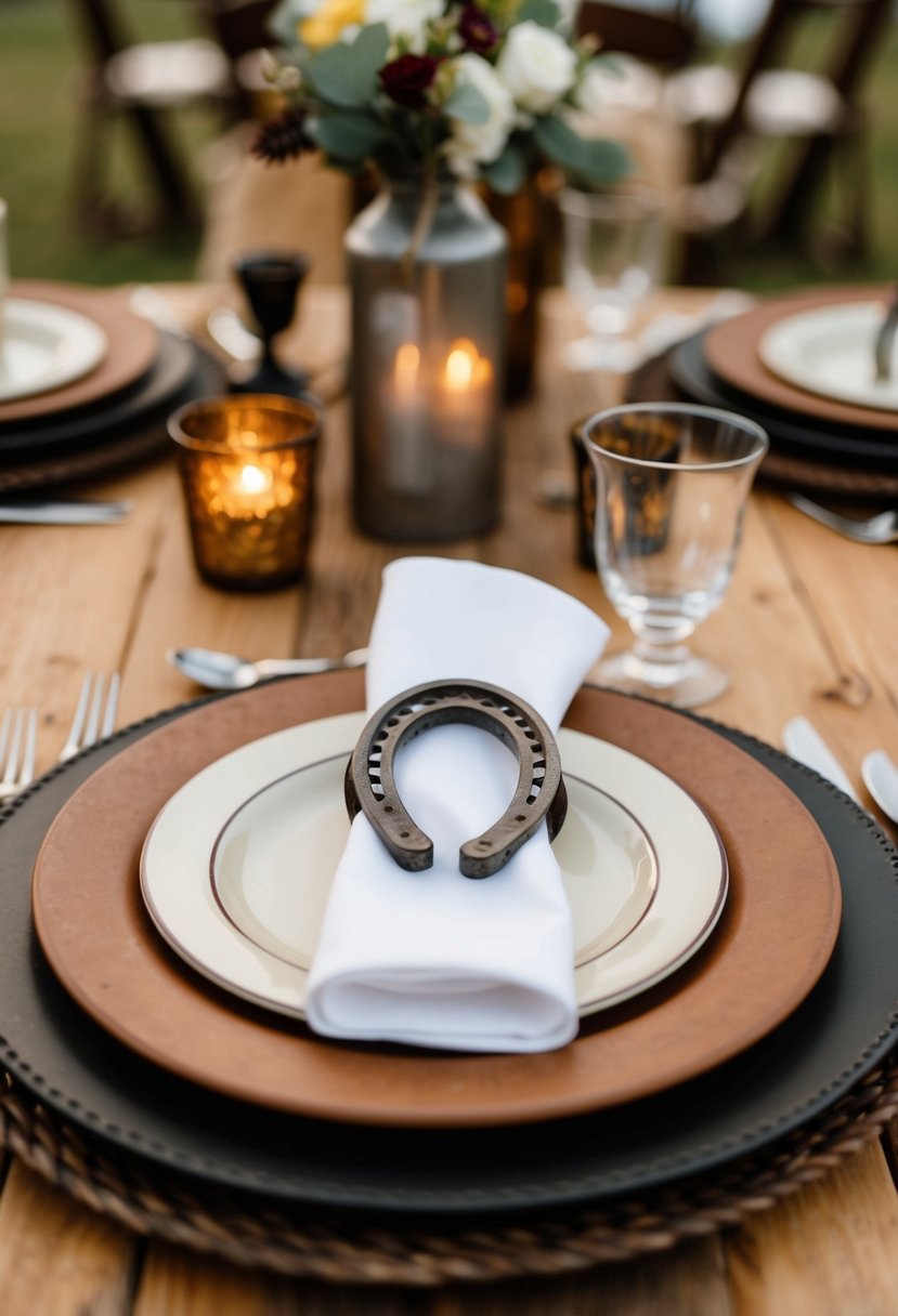 A rustic table setting with horseshoe napkin rings and western-themed decor for a wedding