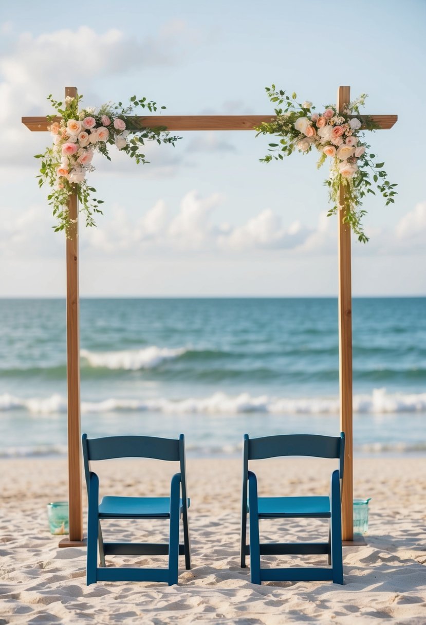 A serene beach setting with two chairs facing the ocean, a simple wooden arch adorned with flowers, and a gentle breeze blowing through the scene