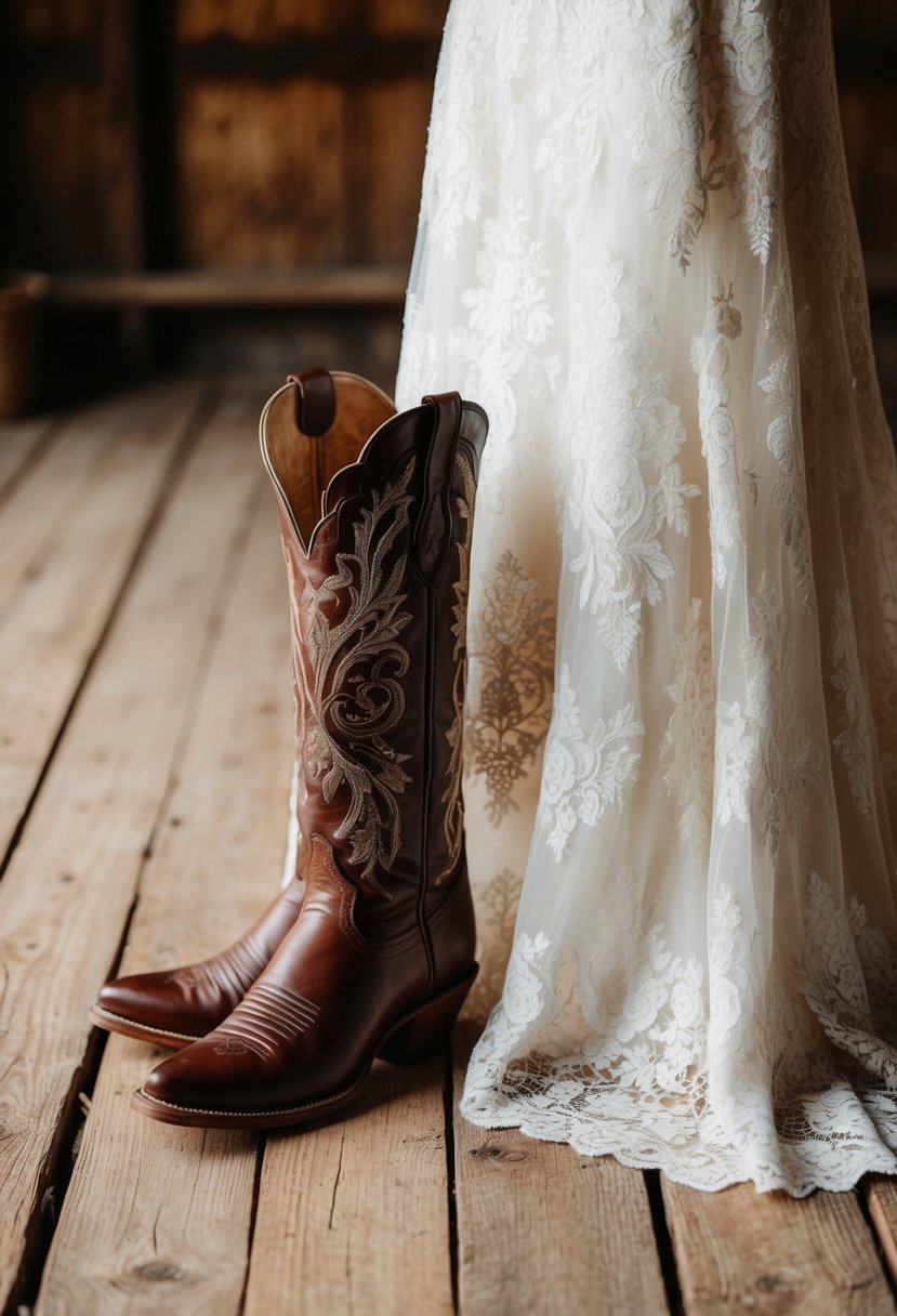 A vintage lace wedding dress and cowboy boots on a wooden barn floor