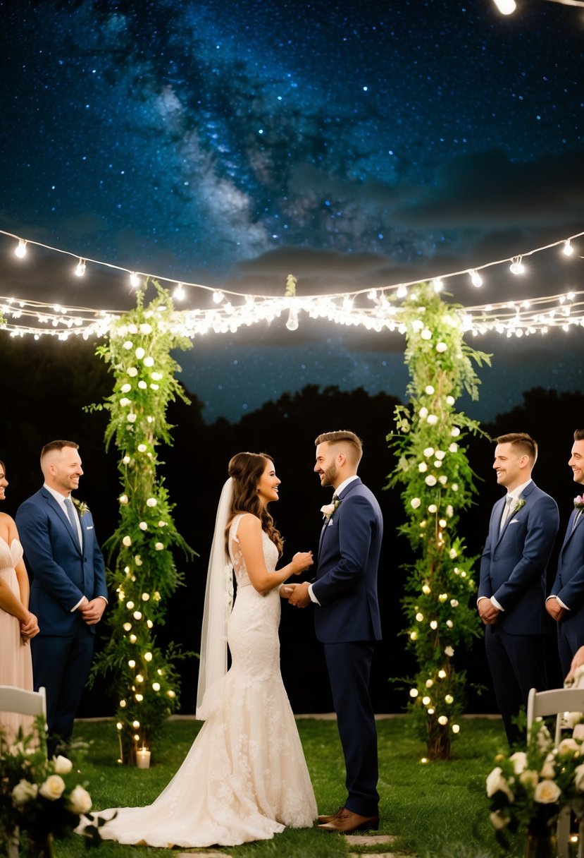 A couple stands beneath a starry night sky, surrounded by twinkling lights and lush greenery, as they exchange heartfelt vows in a romantic vow renewal ceremony