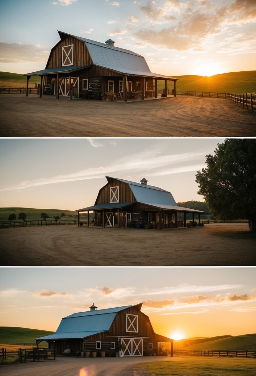 A rustic farmhouse wedding venue with a Western theme, complete with a wooden barn, rolling hills, and a picturesque sunset