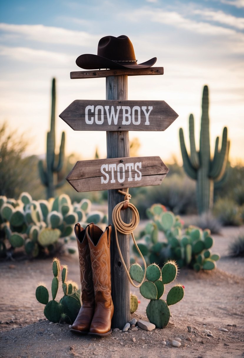 A rustic wooden signpost with cowboy boots, a lasso, and a cowboy hat, surrounded by cacti and desert plants