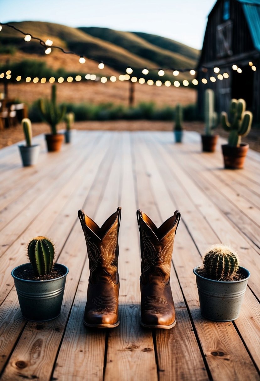 A wooden dance floor surrounded by string lights, cacti, and cowboy boots. A rustic barn and rolling hills in the background