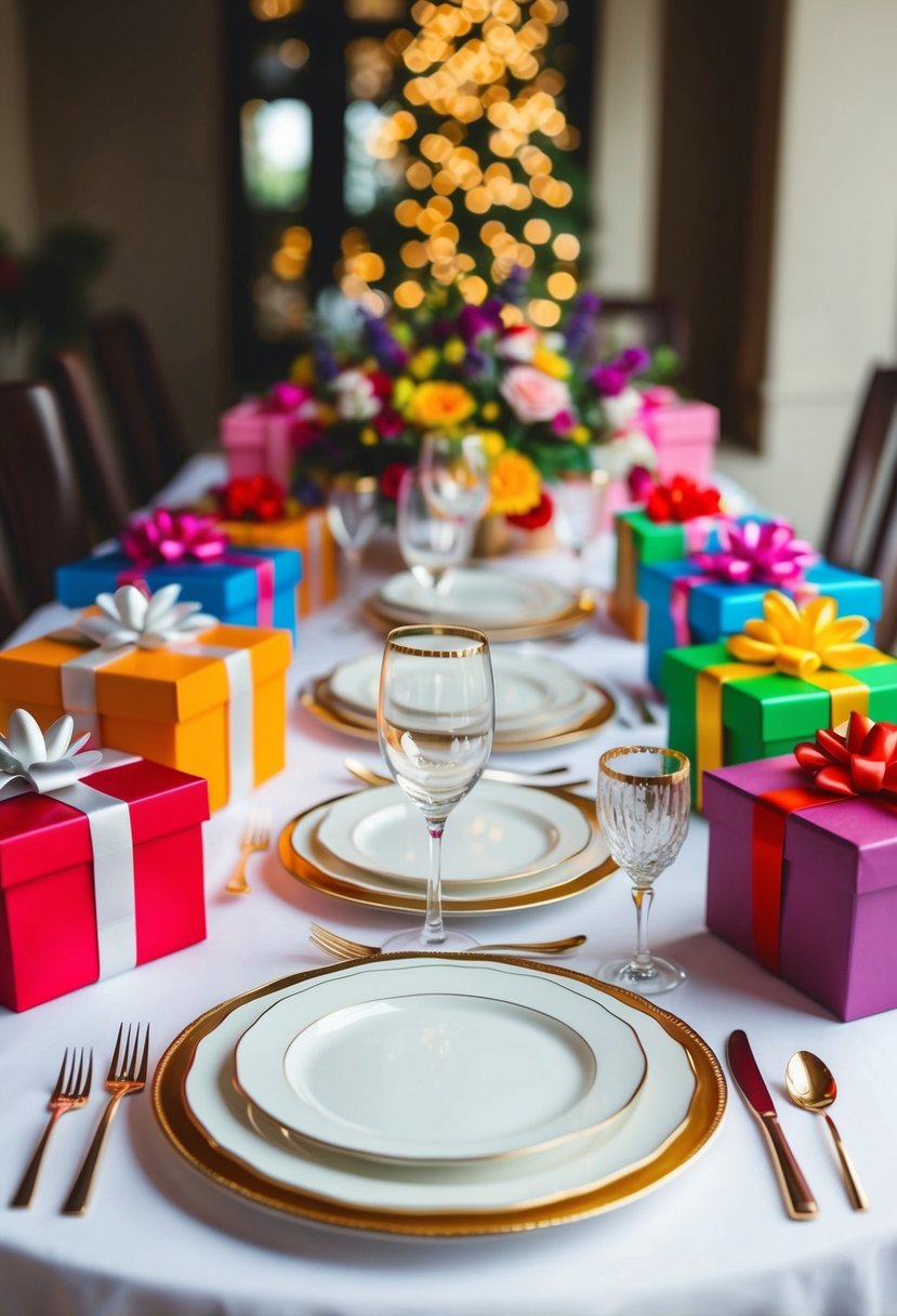 A table set with elegant dinnerware, surrounded by colorful gift boxes and floral arrangements