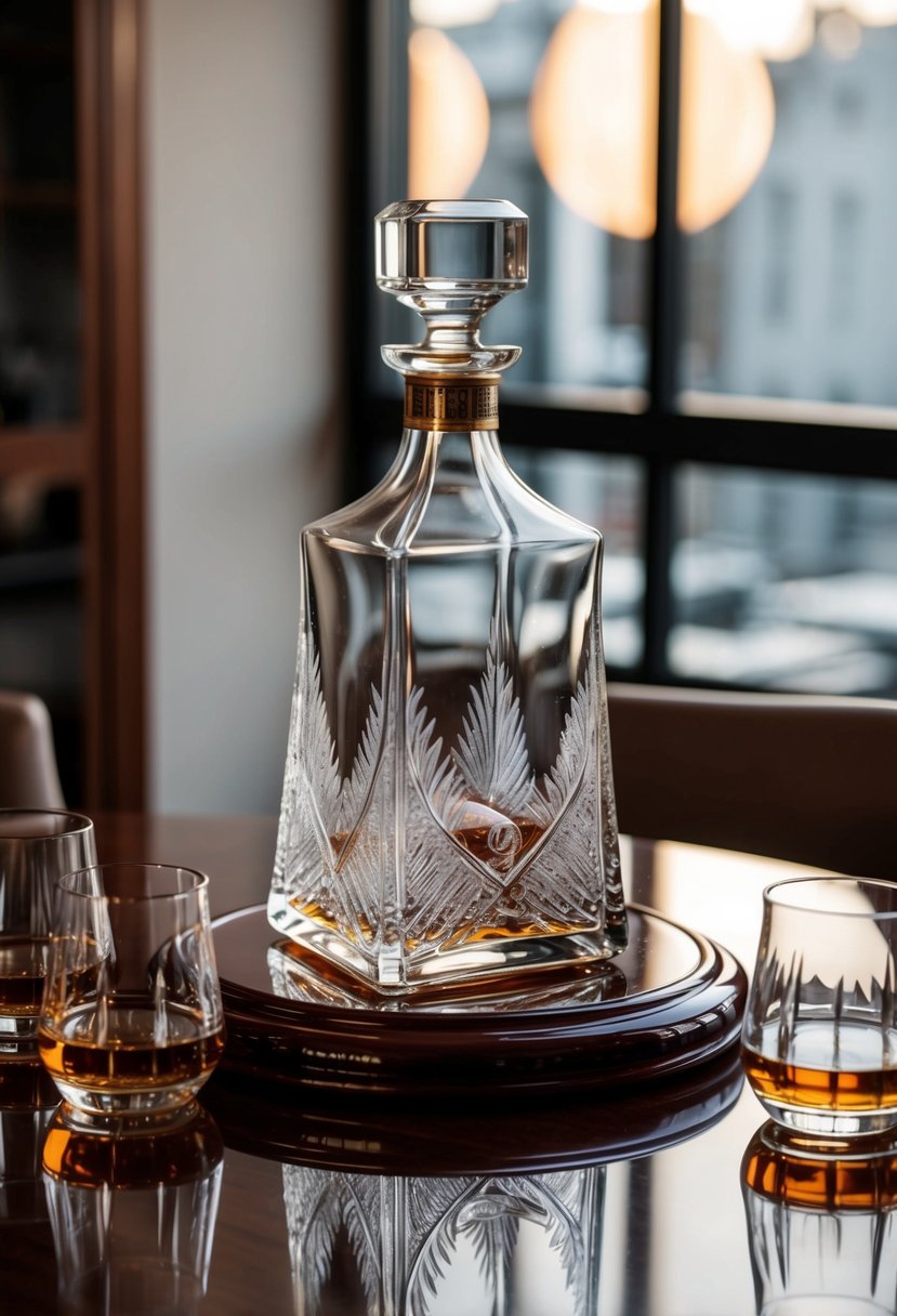 A beautifully engraved whiskey decanter set sits on a polished wooden table, surrounded by glasses and a bottle of fine whiskey