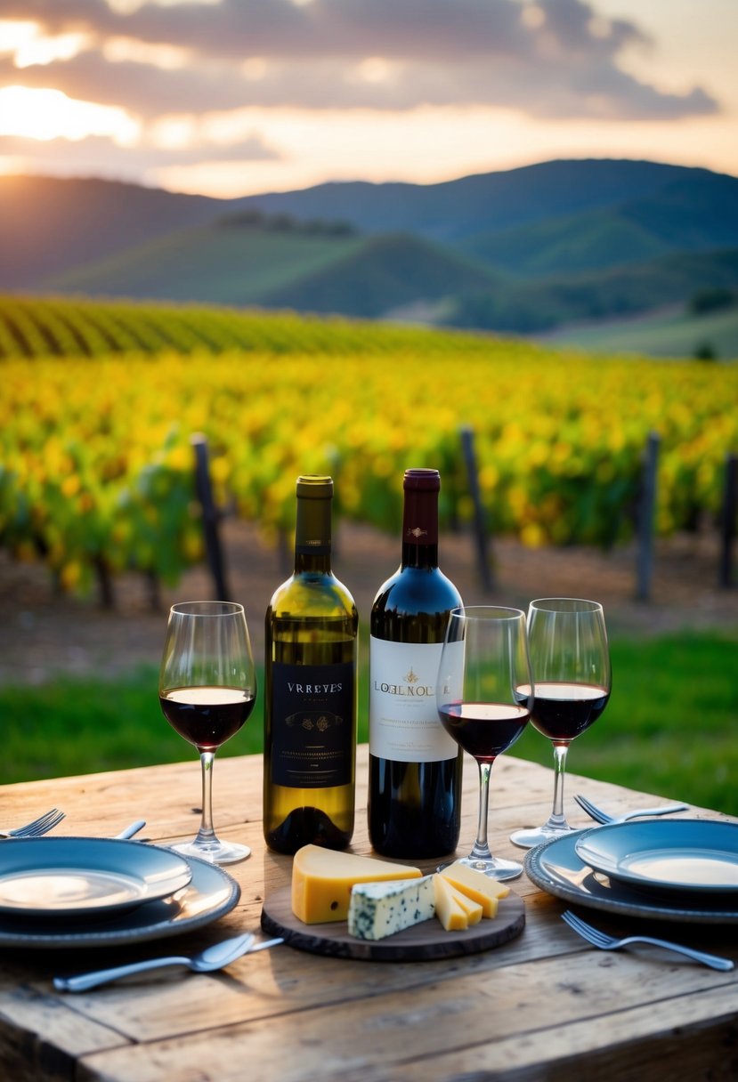 A rustic table set with wine glasses, bottles, and cheese. Vineyard backdrop with rolling hills and a sunset