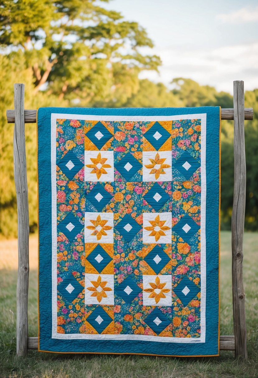 A colorful wedding quilt with intricate patterns and floral designs, displayed on a rustic wooden bed frame