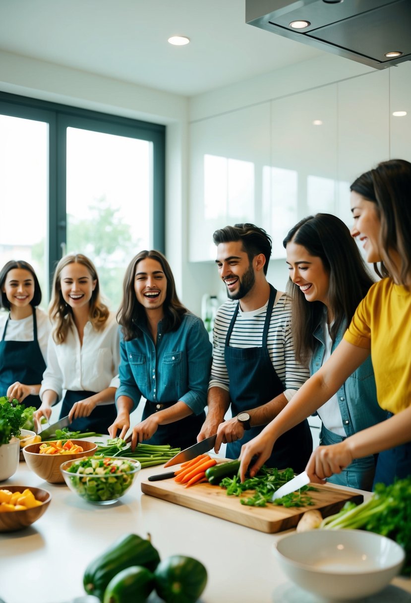 A group of friends laugh and chop vegetables in a bright, modern kitchen during a vegetarian cooking class