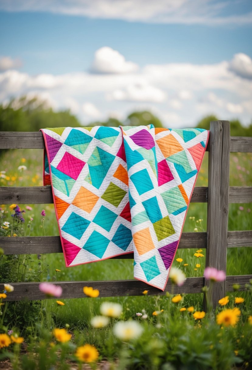 A colorful wedding quilt with a Double Wedding Ring Pattern draped over a rustic wooden fence, surrounded by blooming wildflowers