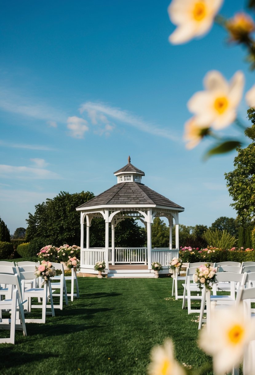 A serene outdoor wedding venue with blooming flowers and a romantic gazebo under a clear blue sky