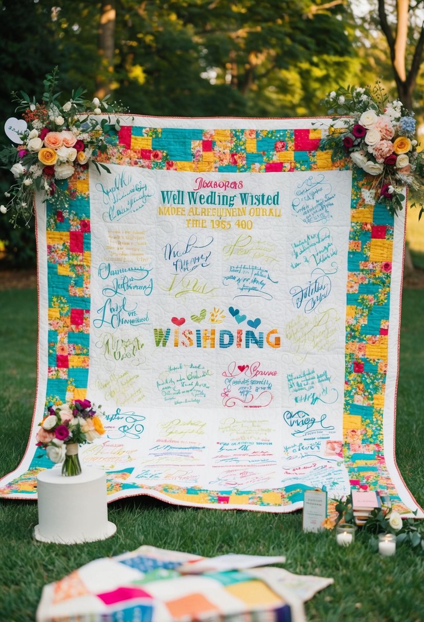 A quilt adorned with colorful signatures and well-wishes, surrounded by wedding memorabilia and floral decorations