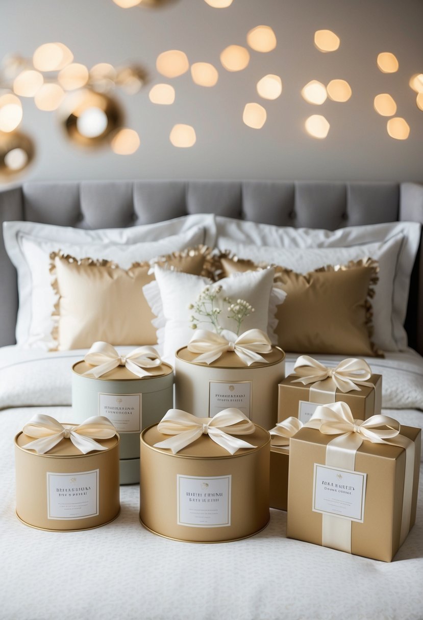 A beautifully arranged luxury bedding set with delicate details and elegant packaging, ready to be given as a wedding gift to friends