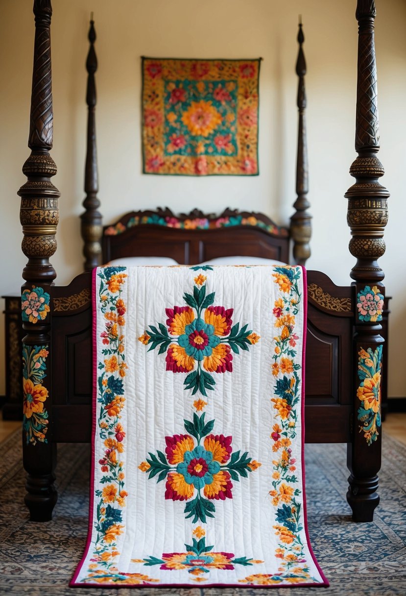 A Bali Bed Runner wedding quilt draped over a four-poster bed, with intricate floral patterns and vibrant colors