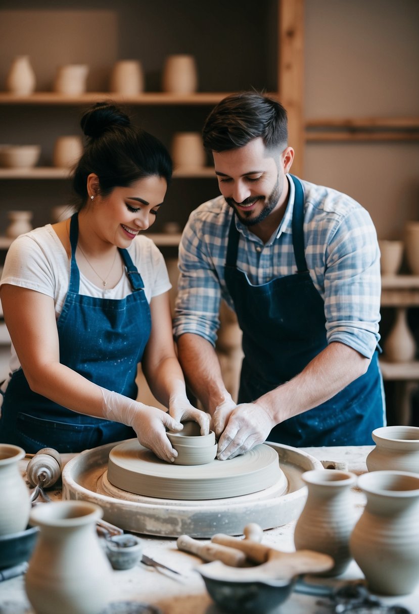 A couple shaping clay on a pottery wheel, surrounded by tools and finished pottery pieces