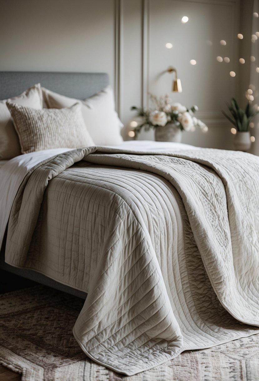 A neutral color king size quilt draped over a bed with intricate stitching and patterns, creating a cozy and elegant atmosphere